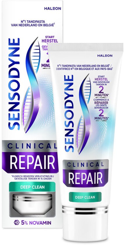 Sensodyne tandpasta Clinical Repair Deep Clean. Witte tube met paarse en blauwe accenten, met "5% NOVAMIN" onderaan.