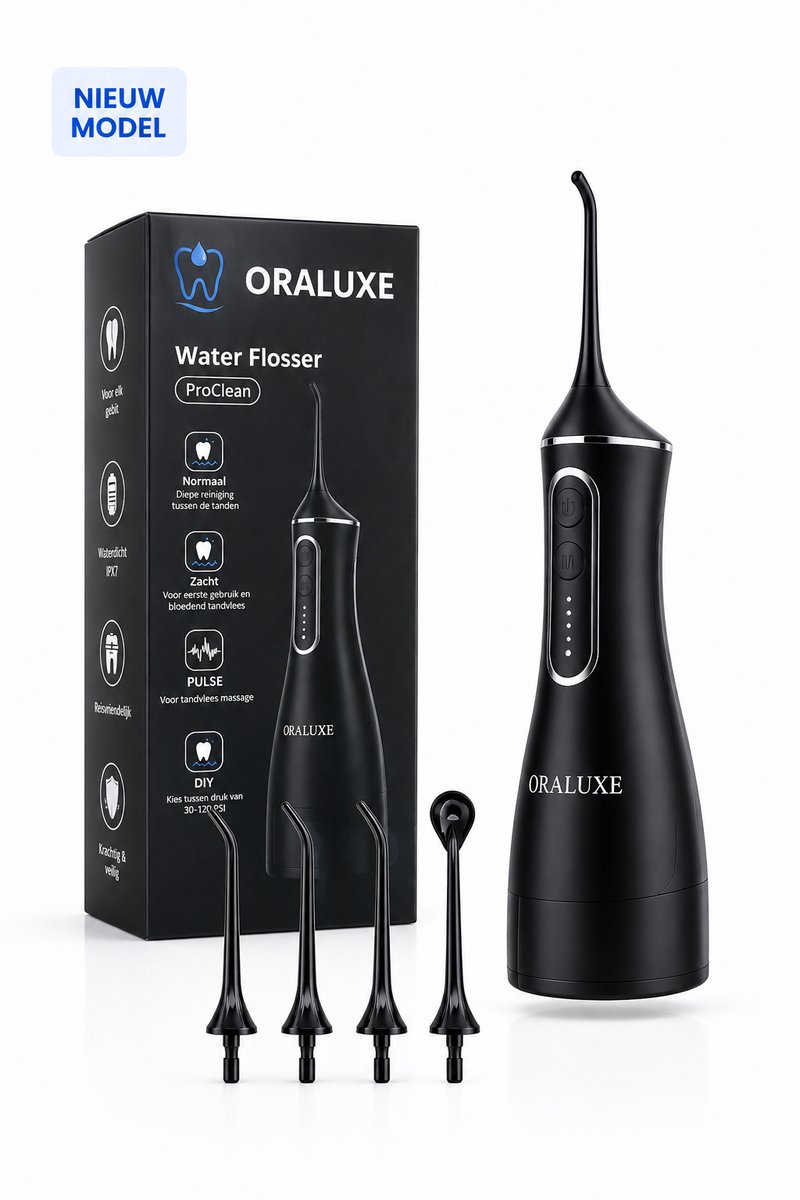 Oraluxe® Waterflosser – Draadloze Monddouche – Flosapparaat – 320 ml Waterreservoir – IPX7 Waterdicht – 4 Drukstanden – USB-C Oplaadbaar – Draagbaar