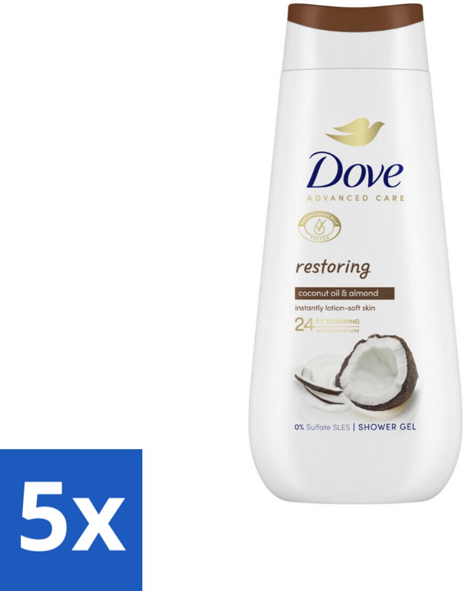 5 x Dove Douchecrème - Restoring - Kokos & Amandel - 225 ml - Douchegel - Huidherstel - Kokosolie - Amandelextract - 24-uurs Hydratatie