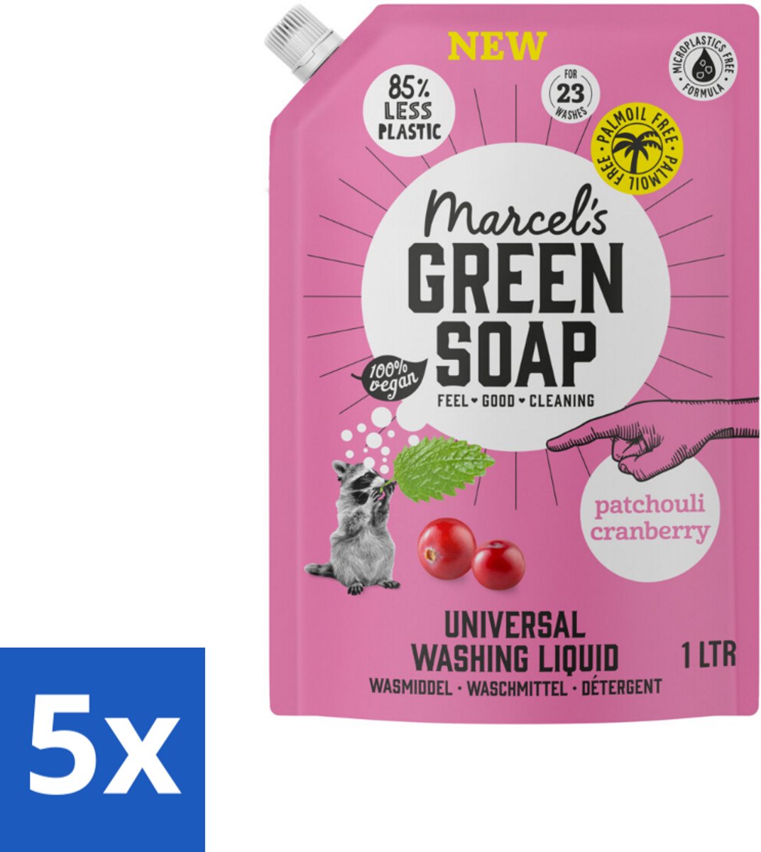 5 x Marcel's Green Soap - Vloeibaar Wasmiddel - Universeel - Navulling - Patchouli & Cranberry - Effectief & natuurlijk - 23 Wasbeurten - 1 liter - Wasmiddel - Navul - Duurzaam Wasmiddel - Palmolievrij - Geur Perzik En Jasmijn