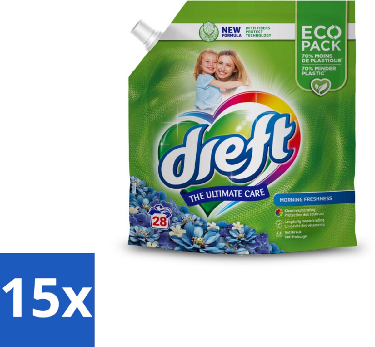 15 x Dreft - Vloeibaar Wasmiddel - Ochtendfris Navul - Fris en zuinig - 28 Wasbeurten - Ochtendfris - Vloeibaar Wasmiddel - Navulverpakking - Fris En Zuinig - Duurzame Wasmiddelen