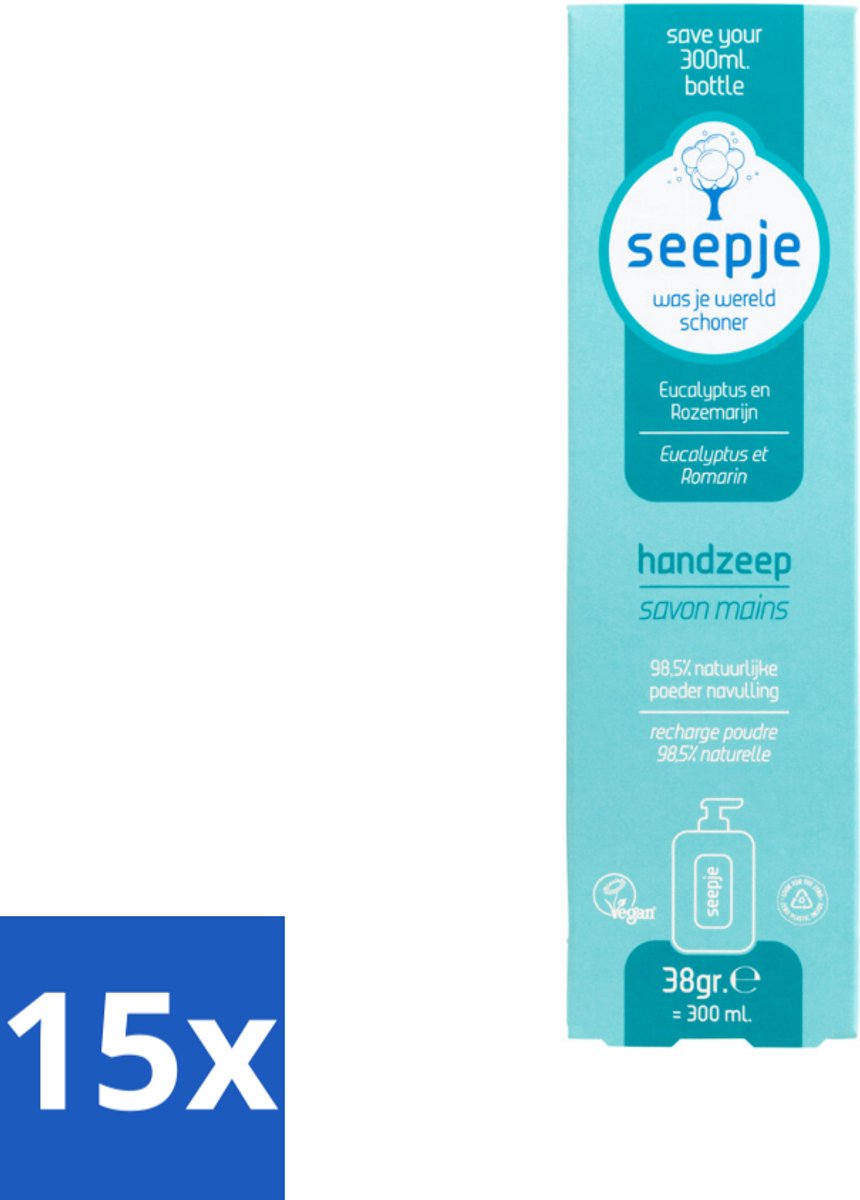 15 x Seepje - Handzeep - Natuurlijke Geur & Verzorging - Eucalyptus en Rozemarijn - Navulverpakking - 34 g - Handzeep Navulverpakking - Natuurlijke Handzeep - Eucalyptus En Rozemarijn - Duurzame Handzeep - Zero Plastic Inside