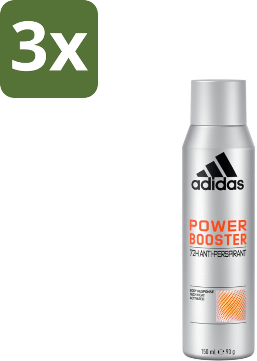 3 x Adidas – Deodorant Spray – Power Booster – 150 ml - Anti-transpirant Spray - Deodorant Spray - Houtachtige Geur - 72 Uur Droge Frisheid - Energie Uitstralen