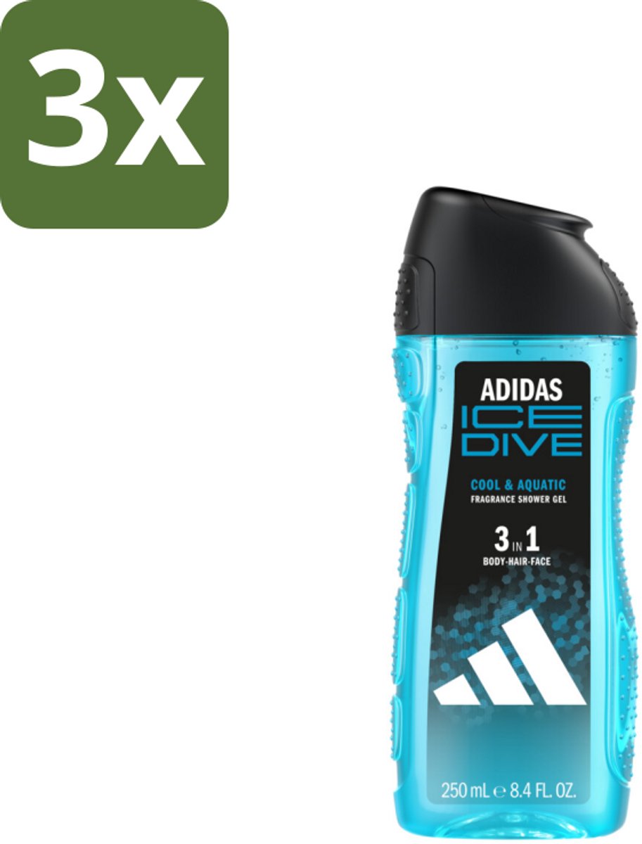 3 x Adidas – Douchegel 3-in-1 – Ice Dive – 250 ml - Douchegel 3-in-1 - Frisse Douchegel - Menthol Douchegel - Zeezout Douchegel - Sport Douchegel