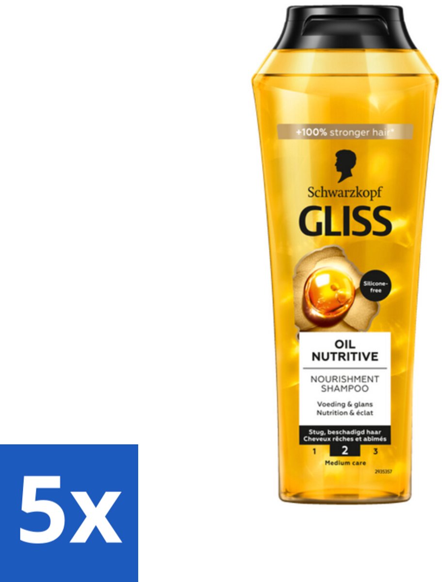 5 x Gliss - Shampoo - Oil Nutritive - Voor Voedend en Zijdezacht Haar - 250 ml - Voedend Haar Shampoo - Droog Haar Shampoo - Lang Haar Shampoo - Zijdezachte Haar - Gespleten Haarpunten