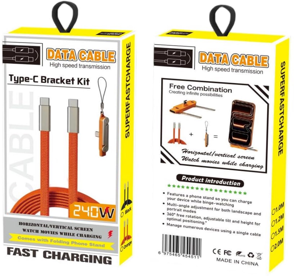 USB-C-kabel 240 W - oranje - met telefoonhouder en adapter - ideaal voor snel opladen - ShopVlot