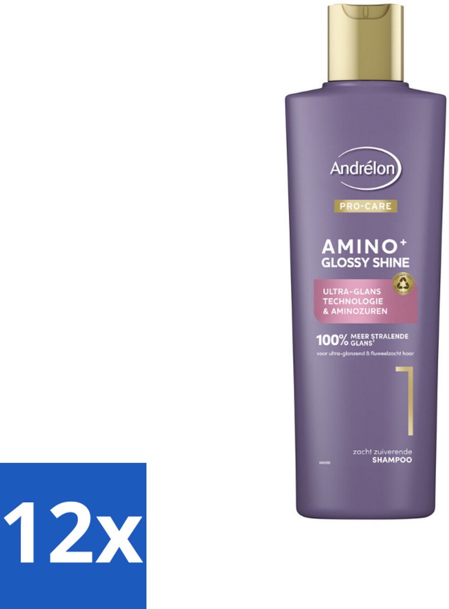 12 x Andrélon – Shampoo – Pro Care Amino+ Glossy Shine – 250 ml - Glans Haar - Zachtheid Haar - Stralend Haar - Gezond Haar - Stug Haar