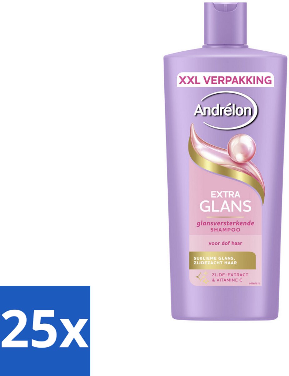 25 x Andrélon – Shampoo – Extra Glans – 685 ml - Extra Glans Shampoo - Dof Haar - Zijde-extract - Vitamine C - Haarverzorging