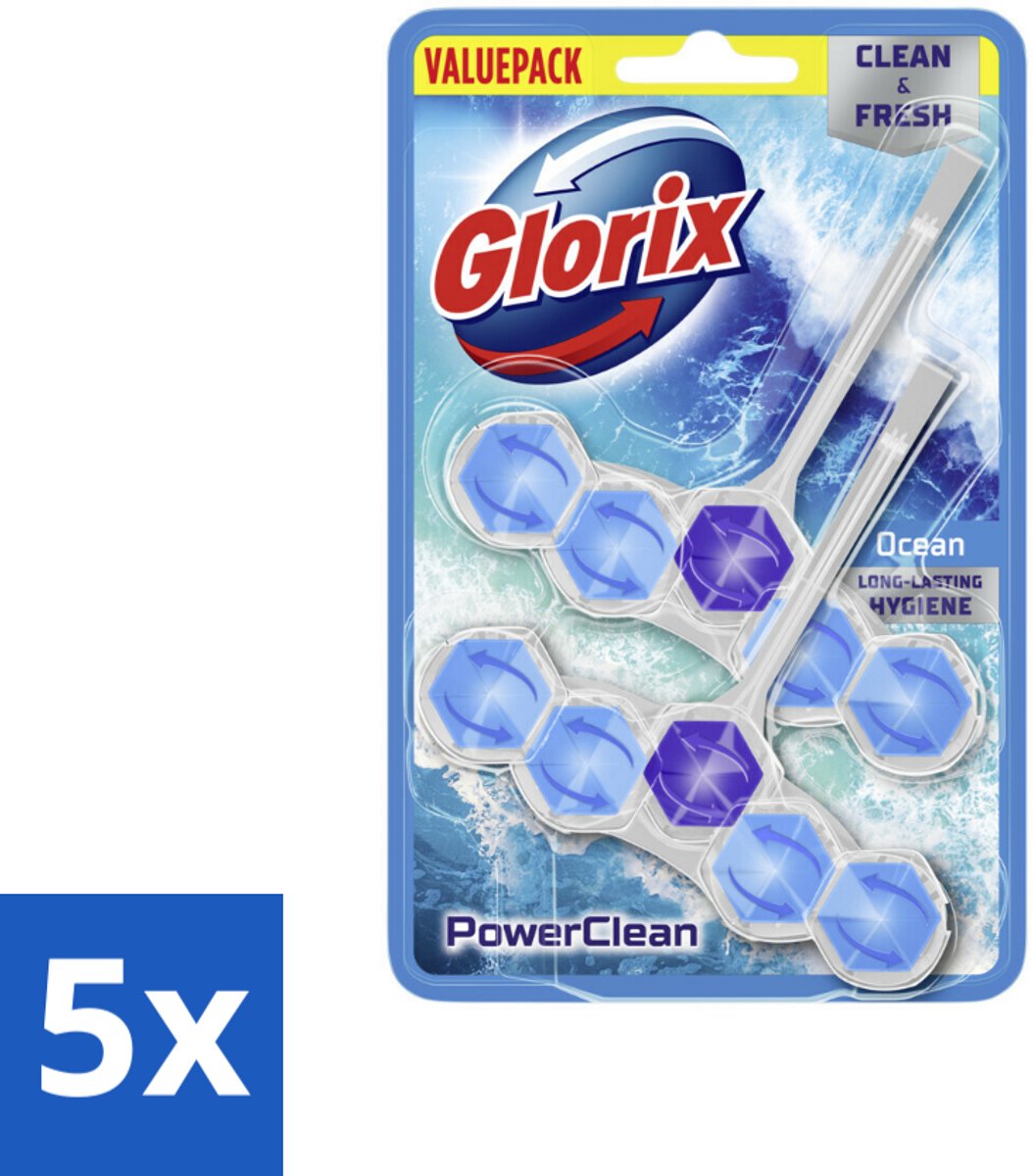 5 x Glorix - Toiletblok - Power Clean Ocean - Frisse Geur - 2 blokken - Toiletblok - Hygiëne - Reiniging - Anti-kalk - Oceaangeur