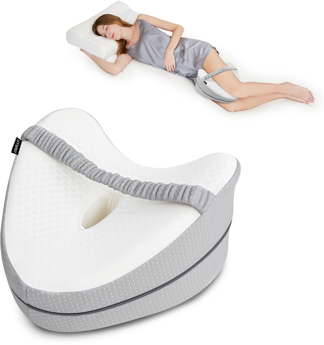 Kniekussen Traagschuim 26x28x17cm - Wit+Grijs - Comfortabel voor zijslapers - Vermindert druk op knieën - ShopVlot