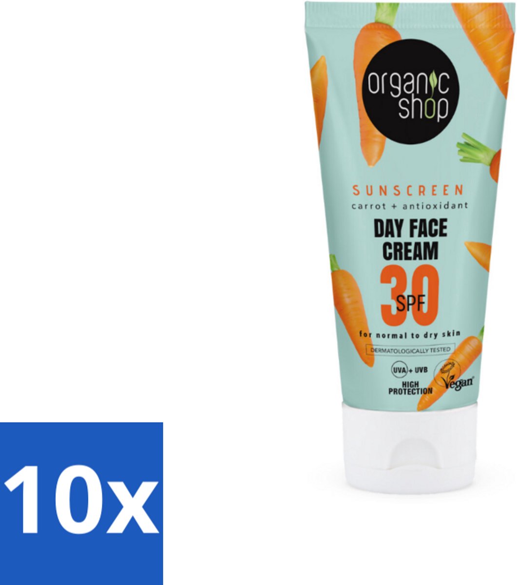 10 x Organic Shop - Zonnebrandcrème Gezicht SPF 30 - Normale Huid - 50 ml - Zonnebrandcrème - SPF 30 - Gezichtsbescherming - UVA/UVB Bescherming - Natuurlijke Zonnebrand