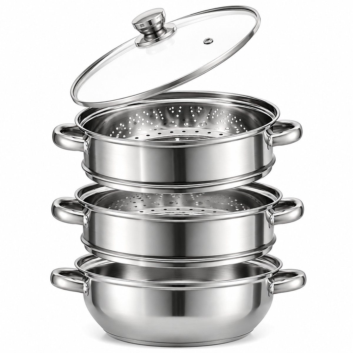 DPLUNIQ Pannen - Stoompan - Stoomkoker - Kookgerei - 3 Laags - RVS - 28cm - Incl. deksel & handvat - Vaatwasser bruikbaar - Zilver