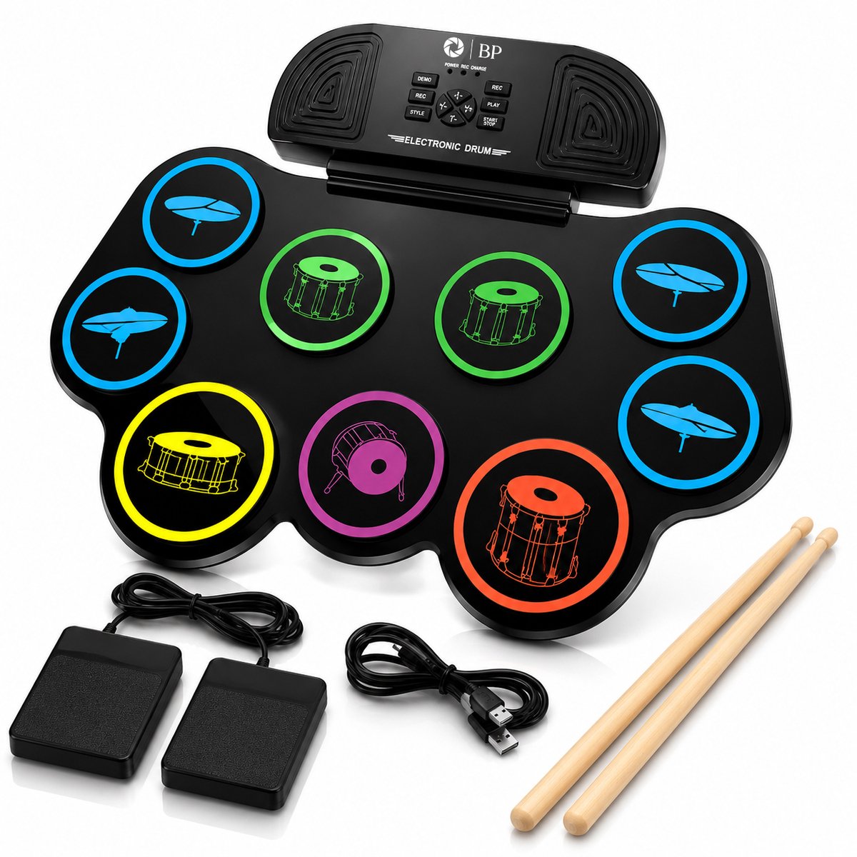 BP® Drumstel voor Kinderen - Elektrisch Drumstel - Kinder Drumstel - Muziek Speelgoed - 9 Drumpads - Met Drumsticks & Voetpedalen - Educatief Speelgoed - Oplaadbaar & Oprolbaar