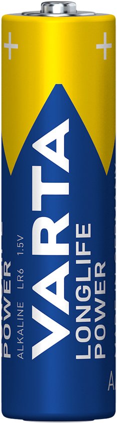 Pile Varta Longlife Power AA, bleue et jaune avec inscription blanche. Symboles positif et négatif visibles.