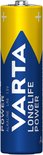 Pile Varta Longlife Power AA, bleue et jaune avec inscription blanche. Symboles positif et négatif visibles.
