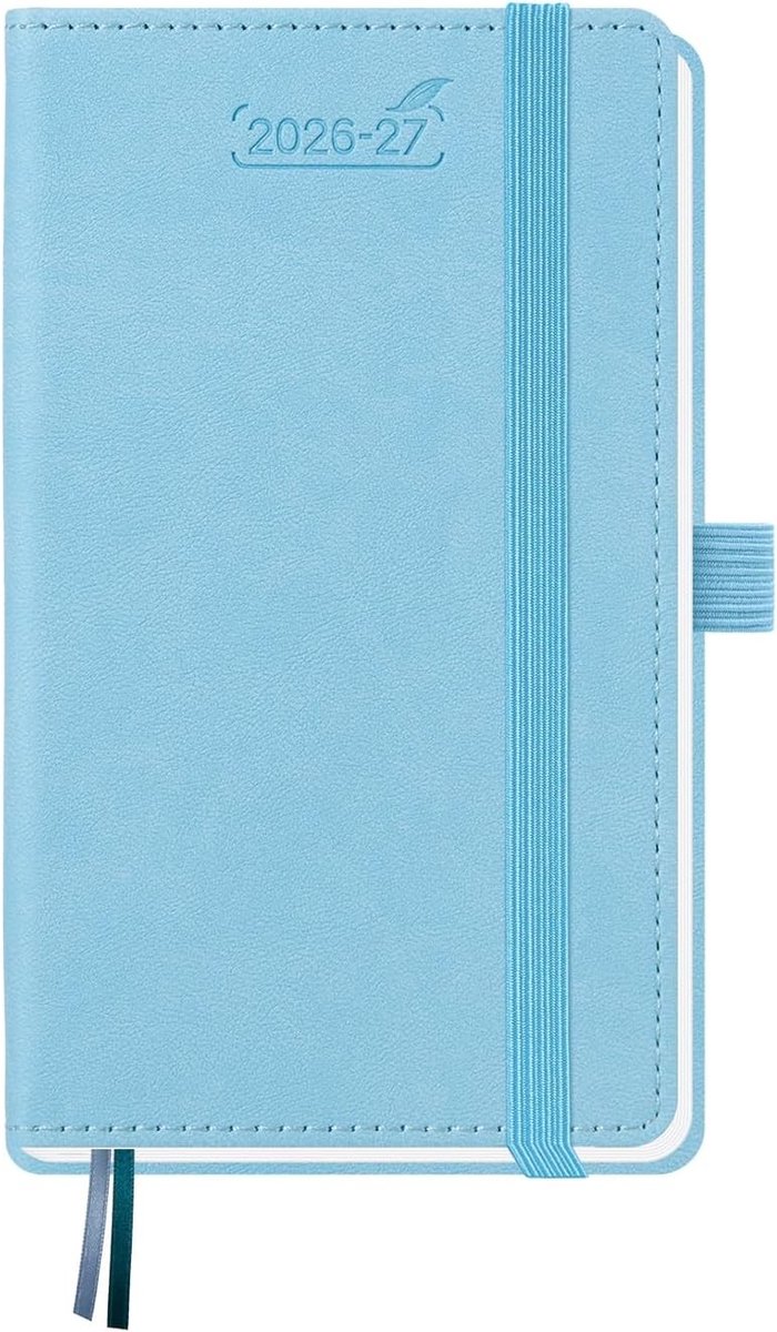 Schoolagenda 2026 2027 - Hemelsblauwe Weekplanner A6 15.5 x 9 cm - PU Lederen Hardcover Boek met Penhouder