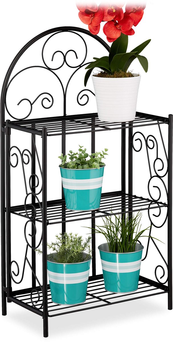 Famanu – Inklapbaar bloemenrek met 3 niveaus voor balkon, tuin en binnen, van metaal, 83 x 44,5 x 25 cm, zwart