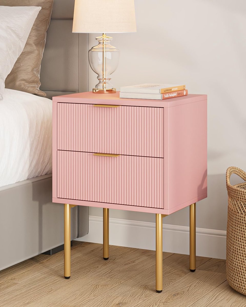 Famanu – Nachtkastje met 2 laden in modern boho-stijl, ideaal voor slaapkamer en woonkamer, roze