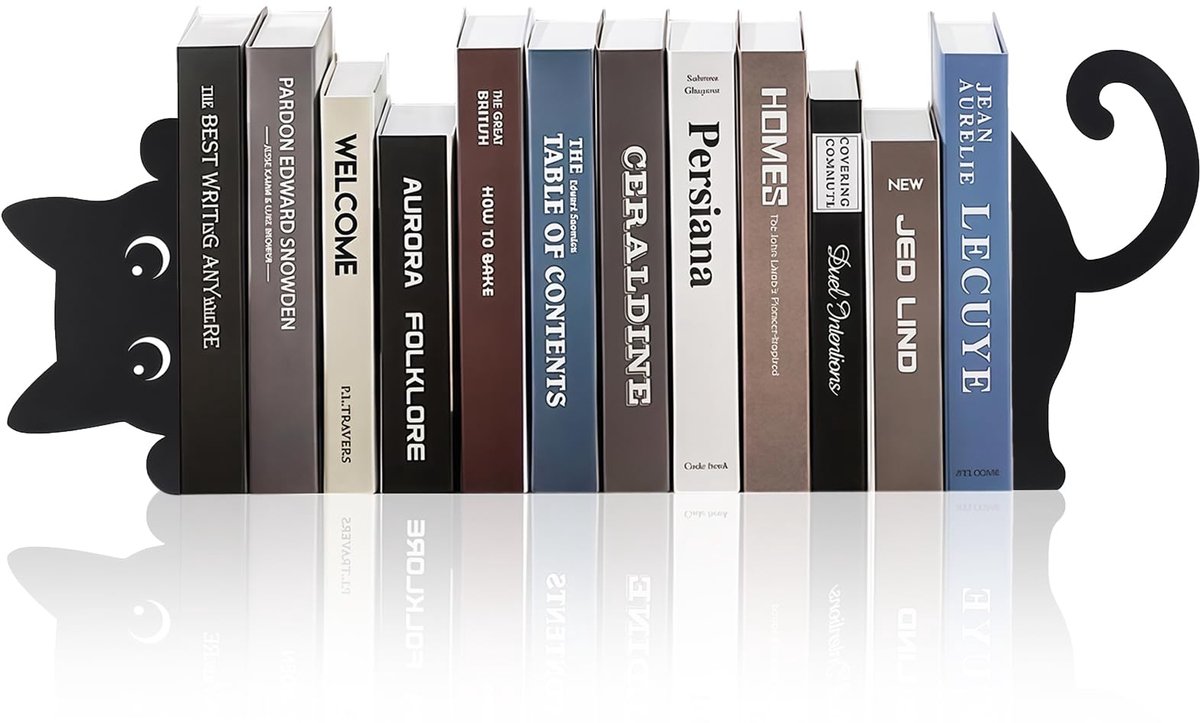 Famanu Set van 2 metalen boekensteunen in verschillende stijlen, decoratieve boekensteunen voor thuis en kantoor, perfect als cadeau voor kattenliefhebbers Zwart
