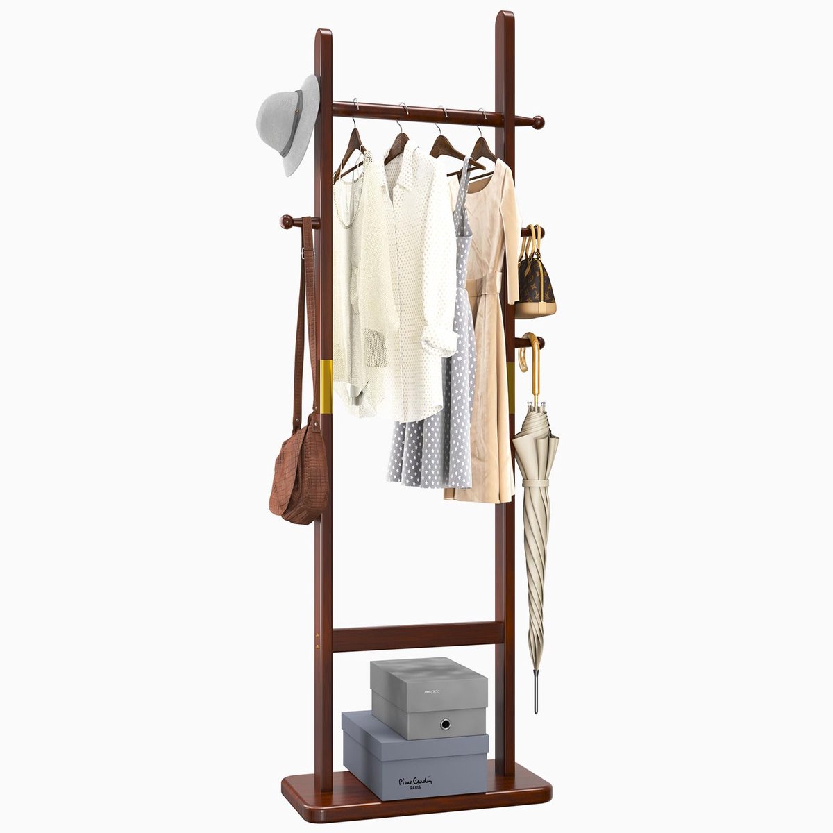 Famanu – Vrijstaande kapstok van 180 cm met rechthoekige basis en 5 haken, houten kapstok met hangende staaf, ideaal voor portemonnees, kleding en sjaals in slaapkamer of woonkamer, kleur bruin