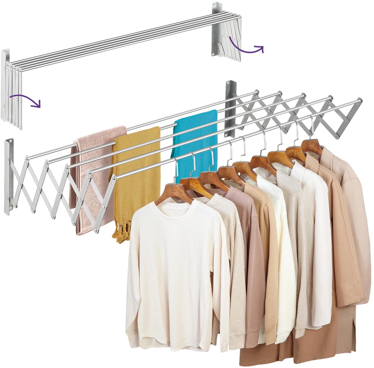 Famanu – Uittrekbaar droogrek voor aan de muur, 140 cm, roestvrij, inklapbaar met 5 aluminium buizen, ruimtebesparend en eenvoudig te installeren