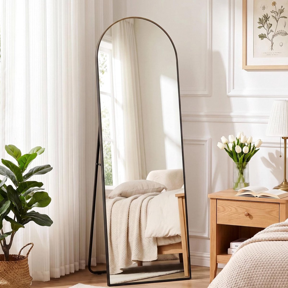 Famanu Staande spiegel, 150 x 50 cm, gebogen zwart, full-body spiegel met aluminium frame, aanleun- of hangspiegel voor woonkamer en slaapkamer