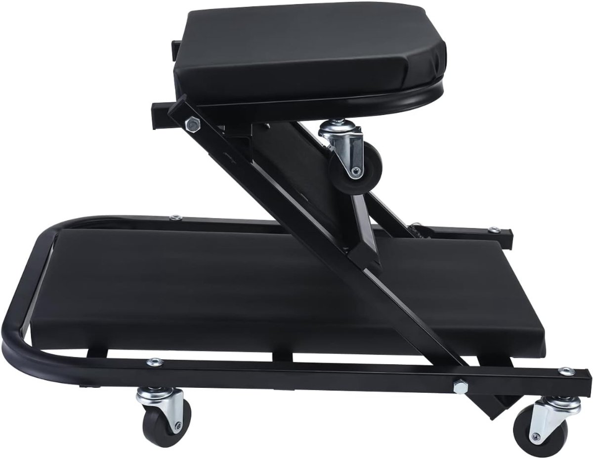QUOVO® Werkplaatskruk 2-in-1 – Werkkruk op Wielen – Werkplaatsstoel 360° - Monteurskruk - Werkplaats Kruk – Tuinkruk – Werk Kruk - Garagekruk - tot 150KG - Zwart - 61cm x 45cm x 11cm