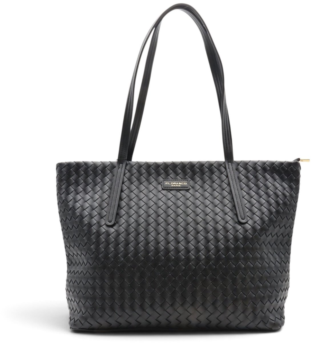 Flora&Co - SIENNAE - weefpatroon soft kunstleer - grote handtas/tote bag - zwart - geschikt voor A4 - ideaal voor school- of werktas