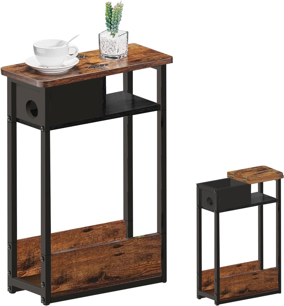 Lectuurbak krantenbak bijzettafel - Bruin en Zwart - Met Legplank - Metaal en Hout - Voor Woonkamer en Slaapkamer