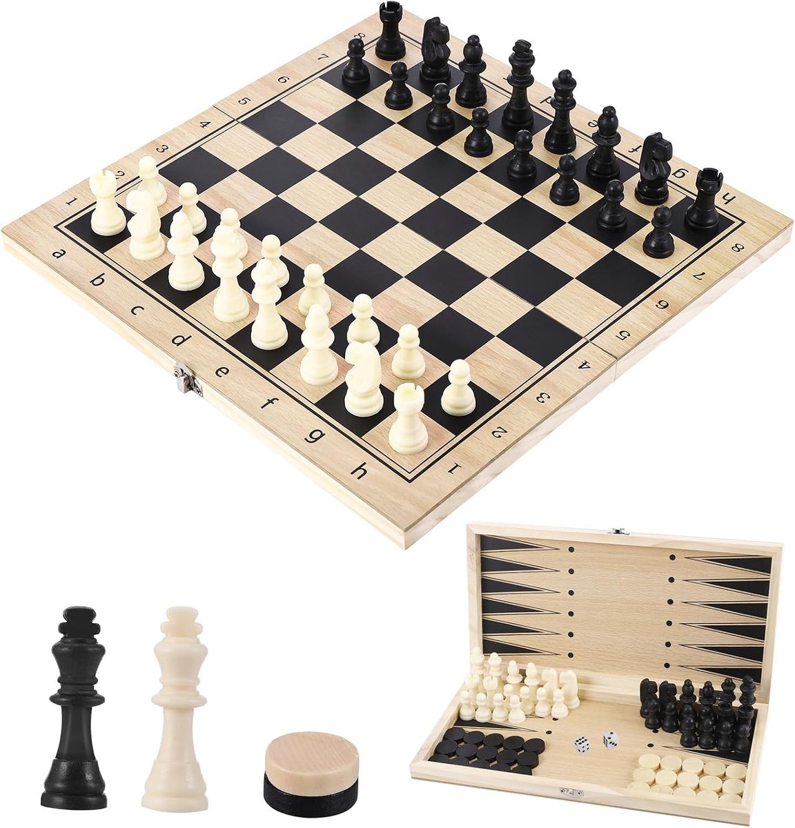 Schaakstenen - Hout - 29 x 29 cm - Inklapbaar 3-in-1 Schaakbord met Dambord en Backgammon - Voor Kinderen en Volwassenen