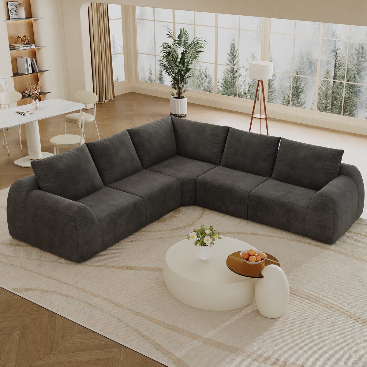 Hoekbank 5-zits Donkergrijs Chenille Stof Compressie Sofa L-vorm Geen Montage Voor Woonkamer Slaapkamer En Appartement