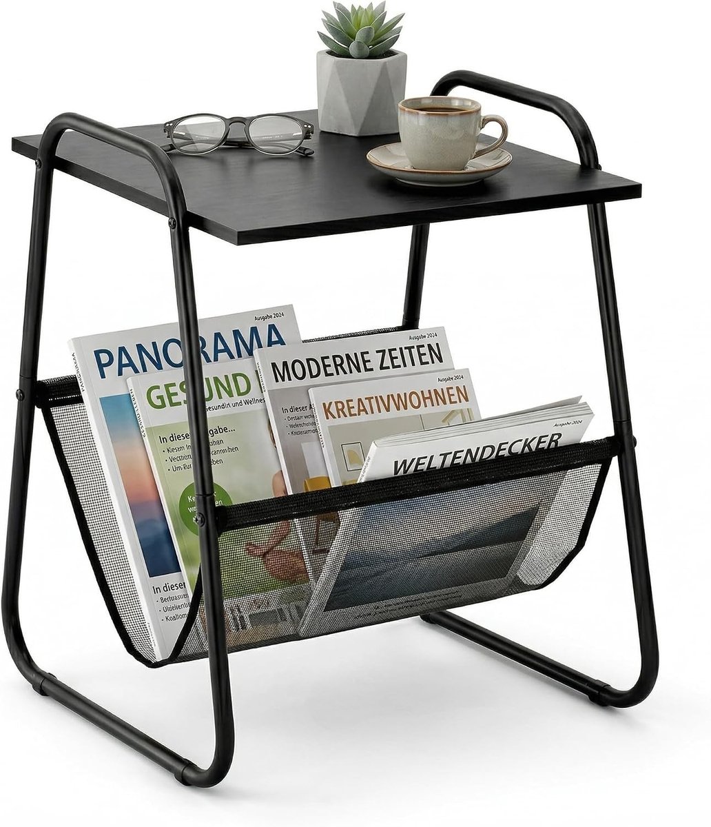 Lectuurbak krantenbak bijzettafel - Zwart - 40 x 40 x 55 cm - Metaal en Hout - Voor Woonkamer en Slaapkamer