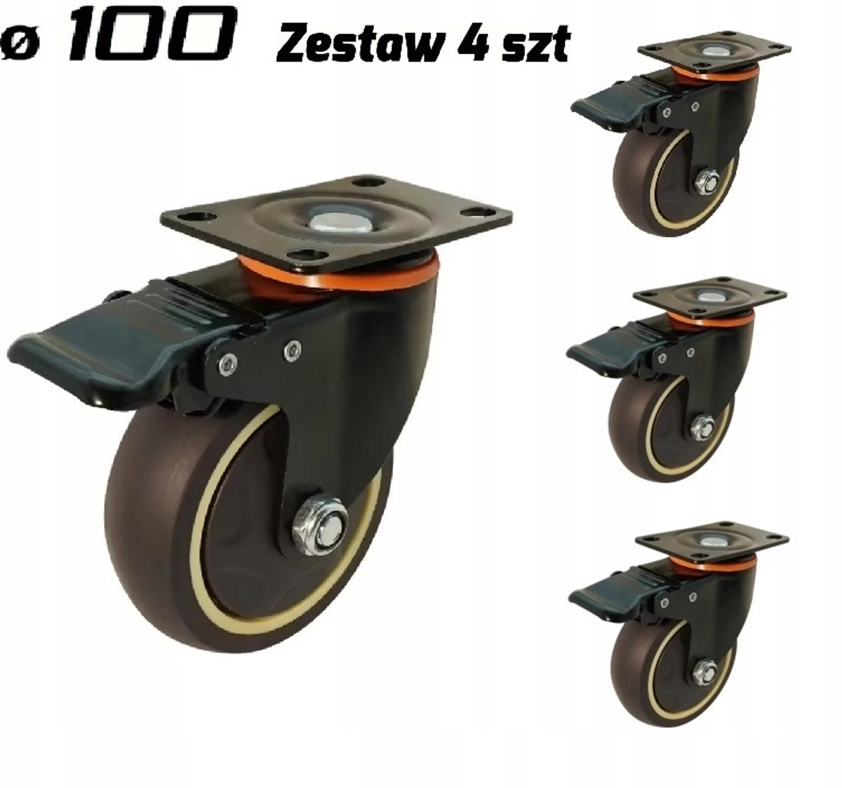 4x Zwenkwielen met Rem, 100mm TPR, Merkloos