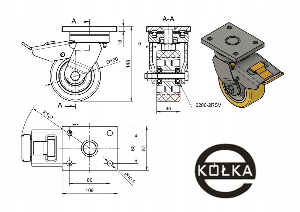 Zwenkwiel met rem, aluminium-polyurethaan, Ø100mm, 300kg