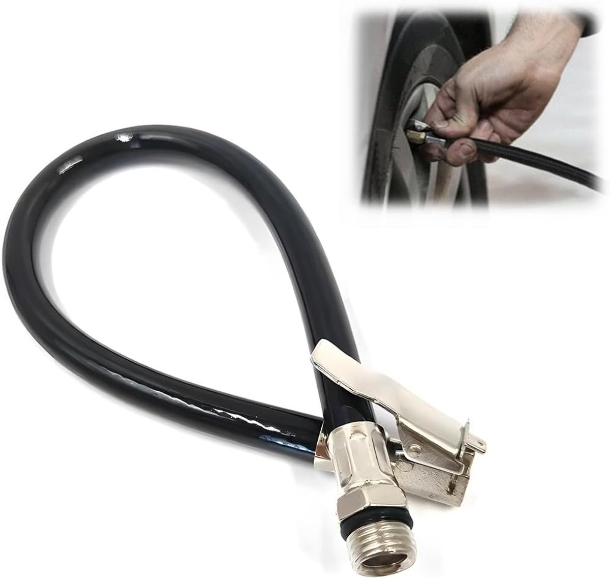 Slangverlengingsadapter voor Bandenpomp - Zwart - 1 Stuk - Flexibele Gevlochten Clip - Voor Auto, Motorfiets en Fiets