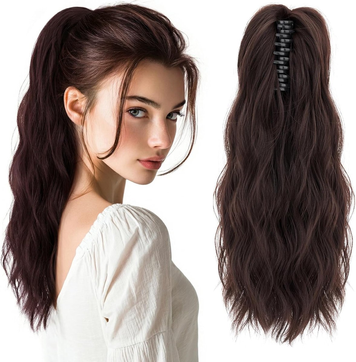 Paardenstaart met clip 45 cm - synthetisch - donkerroodbruin - moderne krullen voor een natuurlijke look - ShopVlot