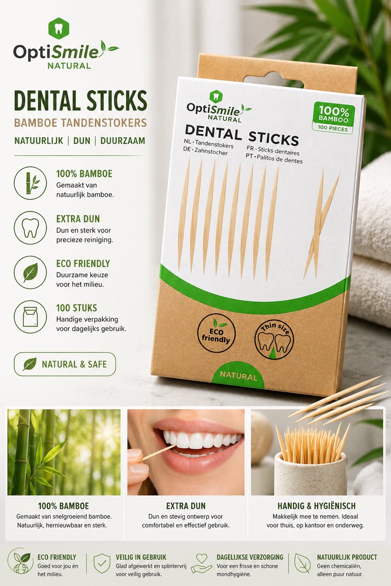 OptiSmile Natural Bamboe Tandenstokers – 100 Stuks – Extra Dun – Eco Friendly