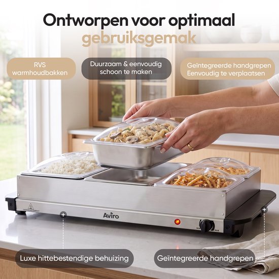 Aviro Buffetwarmer - Chafing Dish - Elektrisch - 2 x 2,5 Liter & 2 x 1,2 Liter - Incl. Deksel - 300W - RVS — afbeelding 5