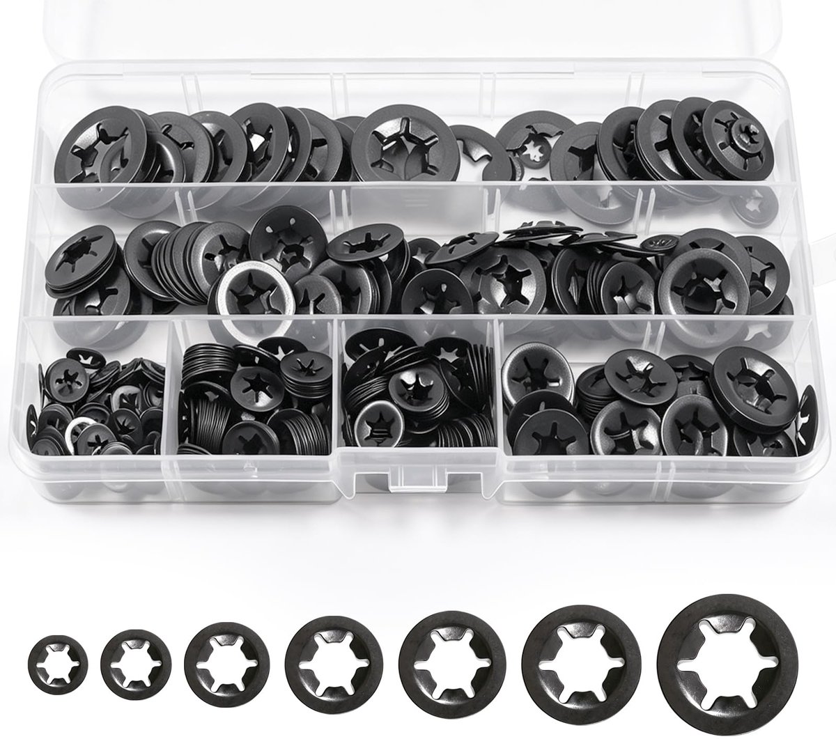 Assortiment borgringen, 450 stuks, M3, M4, M5, M6, M8, M10, M12, binnentandklemringen, snelsluitringen - ShopVlot