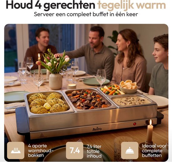 Aviro Buffetwarmer - Chafing Dish - Elektrisch - 2 x 2,5 Liter & 2 x 1,2 Liter - Incl. Deksel - 300W - RVS — afbeelding 2