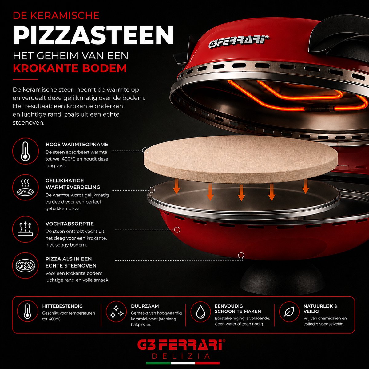 G3 Ferrari Delizia - Pizzaoven elektrisch - 400°C - Vuurvaste pizzasteen Ø31 cm - Pizza in 5 min - Rood – foto 6