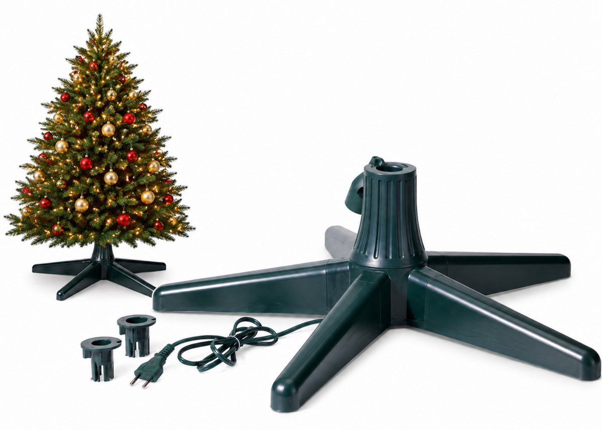 HEM Kerstboomstandaard Roterend – Elektrische Kerstboomvoet – Draaiende Kerstboomhouder – Kunstkerstboom tot 240 cm – 35 kg - Geleverd met HEM Microvezeldoek