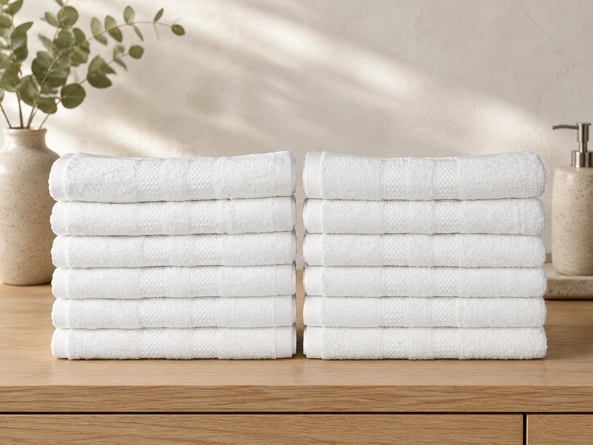 The Linen Room handdoeken – 50 x 100 cm – Set van 12 – 100% Katoen – 500 GSM Dubbelgetwijnd 20/2 Garen – OEKO-TEX® – Hotelkwaliteit & Wasbestendig – Wit