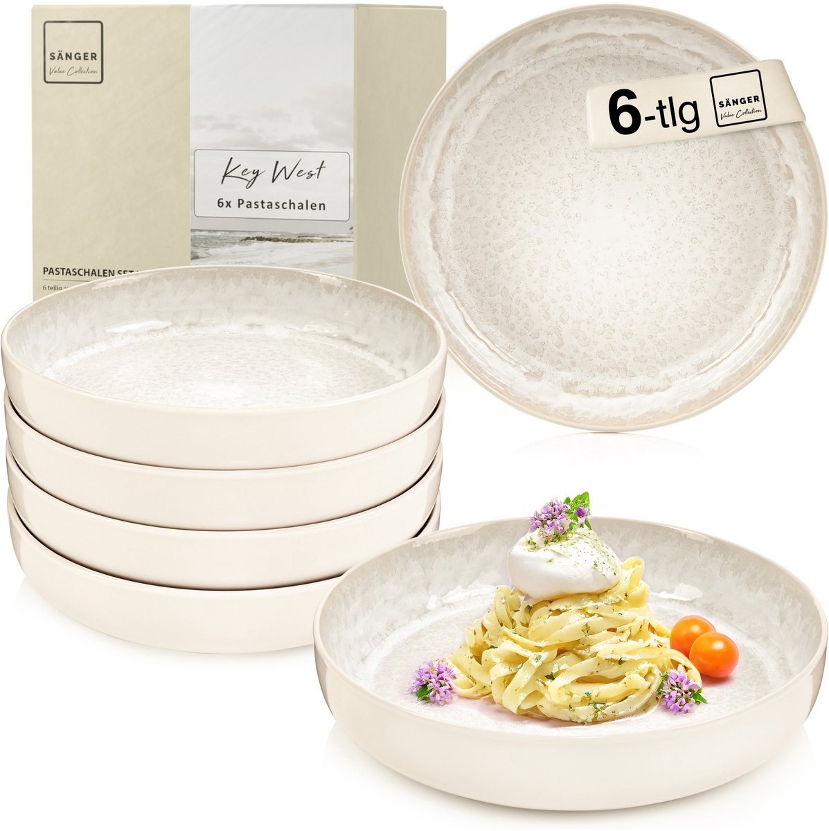 SÄNGER Key West Pastaschalen Set - 6-delig Aardewerk - Ø 22,2 cm - Kommen Voor Pasta En Salades - 750 ml - Vaatwasmachinebestendig En Magnetrongeschikt
