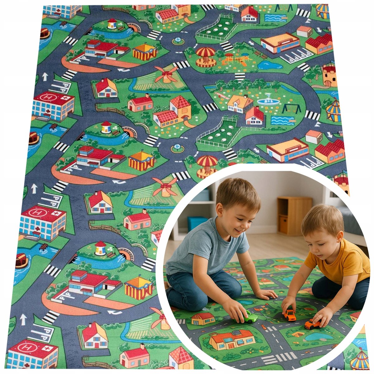 Merkloos Kinderkleed Stad Wegen 80x150 cm - Zacht & Antislip