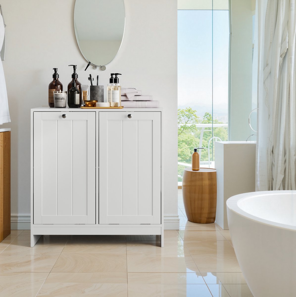MIVRAY Waskast – 66 x 33 x 68,1 cm – Kippbaar Met 2 Uitneembare Wasmanden – MDF – Wit – Vrijstaand Voor Badkamer Of Wasruimte