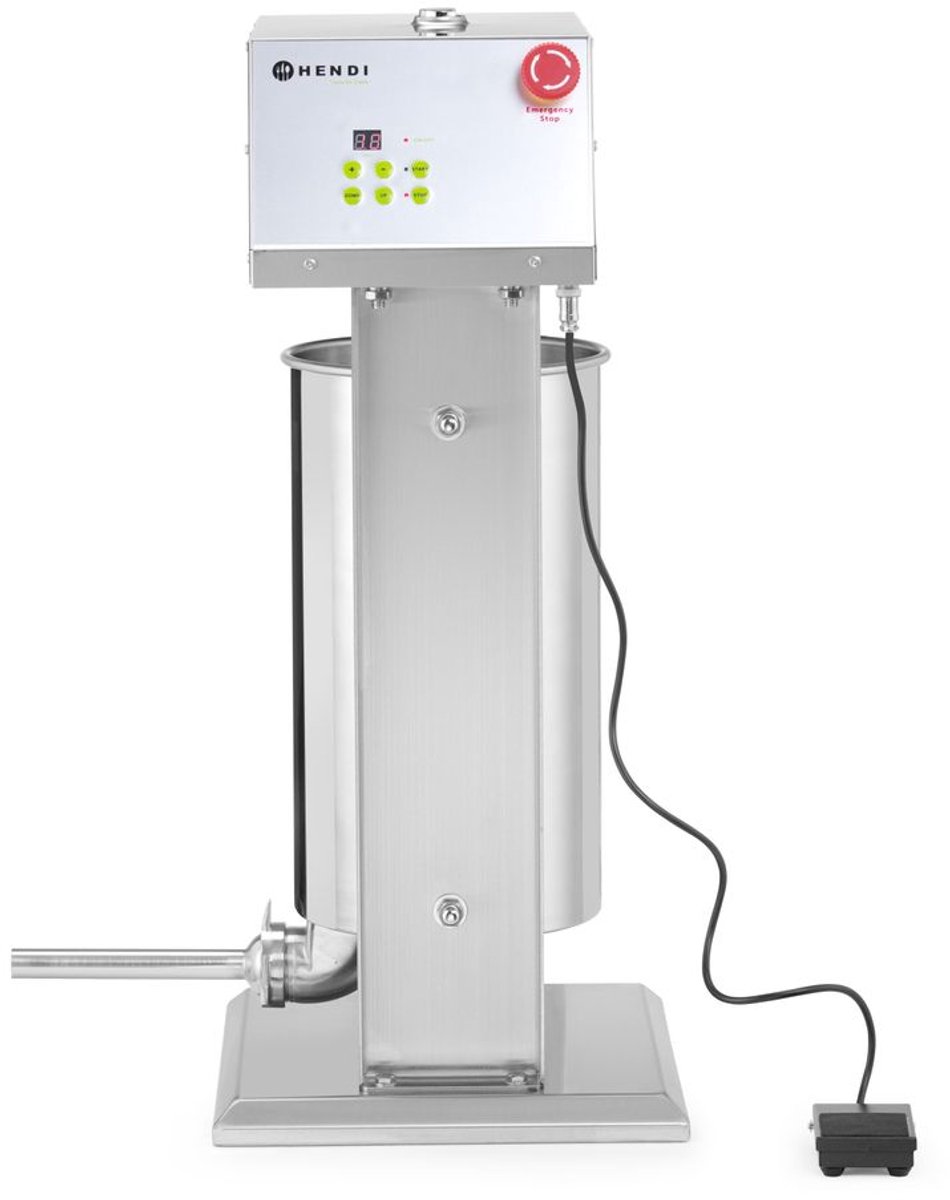 HENDI elektrische worstvuller - roestvast staal - voetpedaal, verticaal - 15 liter, 45x35x75 cm - zilver - 4 vulbuizen 16/22/32/38 mm - slagerij en horeca