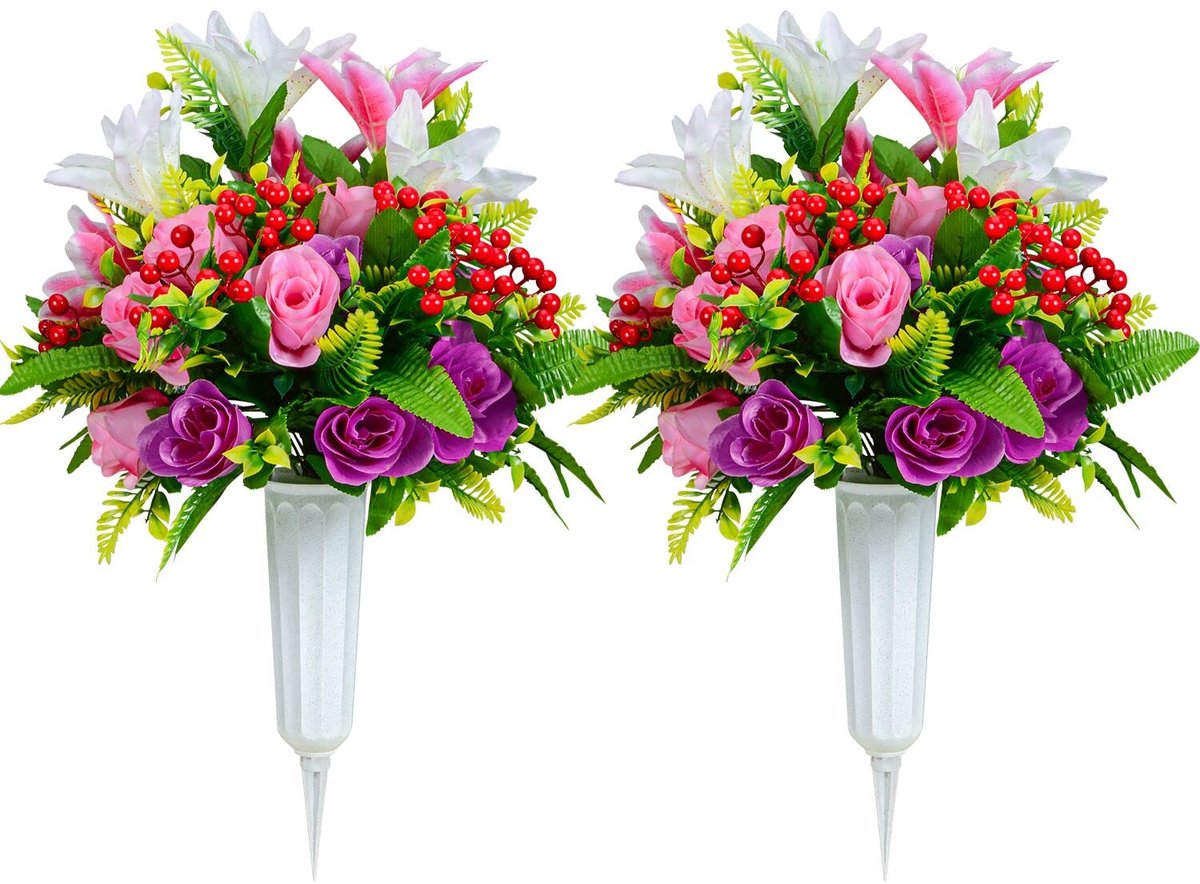 SnelShoppen - Kunstmatige Begraafplaatsbloemen Set van 2 - Roos en Lelie met Vaas voor Grafstenen Decoratie - Duurzaam en Weerbestendig - Herdenkingsb