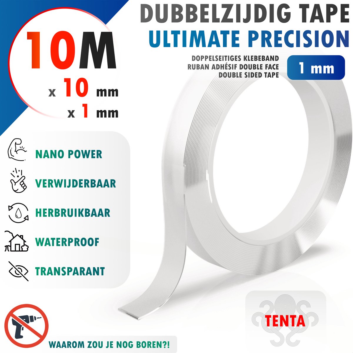 Dubbelzijdig Tape Extra Sterk 10m x 10mm x 1mm - TENTA Ultimate Precision