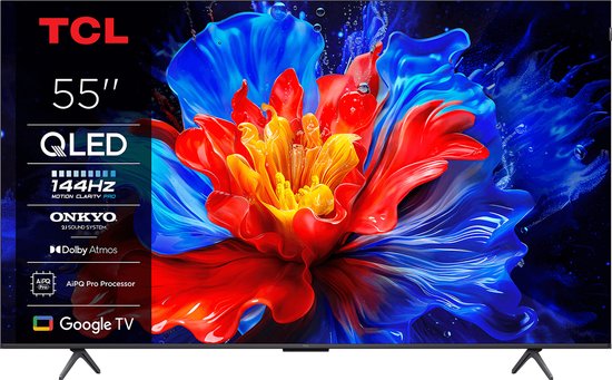 TCL 55'' QLED TV met een bloemachtig, kleurrijk display en logo's voor 144Hz, Dolby Atmos en Google TV.